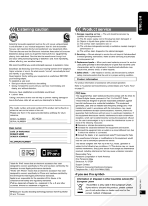 Page 3RQTX1051
RQTX1051RQTX1051
RQTX1051
3
ENGLISH
23
The model number and serial number of this product can be found on 
either the back or the bottom of the unit.
Please note them in the space provided below and keep for future 
reference.
MODEL NUMBER   ______________________________________
SERIAL NUMBER   ______________________________________
SC-HC20
DATE OF PURCHASE   __________________________________
DEALER NAME    _______________________________________
DEALER ADDRESS...