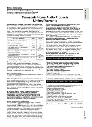 Page 11RQTX1249
11
ENGLISHENGLISH
Limited Warranty Coverage (For USA and Puerto Rico Only)If your product does not work properly because of a defect in materials \
or workmanship, Panasonic Consumer Electronics Company (referred 
to as “the warrantor”) will, for the length of the period indicat\
ed on the 
chart below, which starts with the date of original purchase (“warranty 
period”), at its option either (a) repair your product with new or\
 
refurbished parts, (b) replace it with a new or a refurbished...