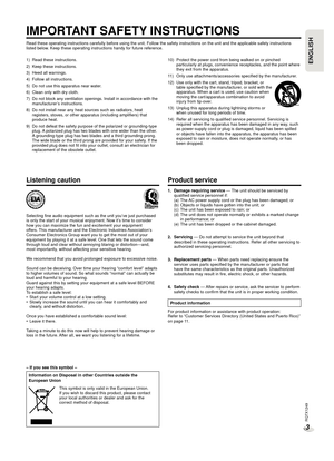 Page 3RQTX1249
3
ENGLISHENGLISH
IMPORTANT SAFETY INSTRUCTIONS
Read these operating instructions carefully before using the unit. Follo\
w the safety instructions on the unit and the applicable safety instructions 
listed below. Keep these operating instructions handy for future reference.
1)  Read these instructions.
2)  Keep these instructions.
3)  Heed all warnings.
4)  Follow all instructions.
5)  Do not use this apparatus near water.
6)  Clean only with dry cloth.
7)  Do not block any ventilation openings....