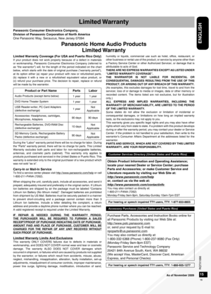 Page 15RQTX1066
RQTX1066RQTX1066
RQTX1066
15
ENGLISH
14
Panasonic Consumer Electronics Company,
Division of Panasonic Corporation of North America
One Panasonic Way, Secaucus, New Jersey 07094
Panasonic Home Audio Products Limited Warranty
Limited Warranty
Limited Warranty Coverage (For USA and Puerto Rico Only)If  your  product  does  not  work  properly  because  of  a  defect  in  materials 
or  workmanship,  Panasonic  Consumer  Electronics  Company  (referred  to 
as “the warrantor”) will, for the length...