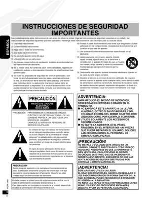 Page 16RQTX1066
RQTX1066
16
ESPAÑOL
RQTX1066
RQTX1066
23
1) Lea estas instrucciones.
2) Conserve estas instrucciones.
3) Haga caso a todas las advertencias.
4) Siga todas las instrucciones.
5) No use este aparato cerca del agua.
6) Límpielo sólo con un paño seco.
7) No bloquee ningún orificio de ventilación. Instálelo de conformidad con 
las instrucciones del fabricante.
8) No lo instale cerca de fuentes de calor, como radiadores, registros de  calefacción, estufas u otros aparatos (incluidos los...