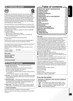 Page 3RQTX1066
RQTX1066RQTX1066
RQTX1066
3
ENGLISH
23
The model number and serial number of this product can be found on 
either the back or the bottom of the unit.
Please note them in the space provided below and keep for future 
reference.
MODEL NUMBER   ______________________________________
SERIAL NUMBER   ______________________________________
SC-HC30
DATE OF PURCHASE   __________________________________
DEALER NAME    _______________________________________
DEALER ADDRESS...