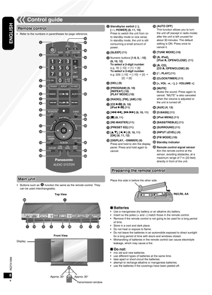 Page 8RQTX1066
RQTX1066
8
ENGLISH
RQTX1066
RQTX1066
8
Refer to the numbers in parentheses for page reference.
•
Remote control
Control guide
Main unit
Top View
Front View
Display
Approx. 30° Transmission window
30
Approx. 30°
Buttons such as  function the same as the remote control. They 
can be used interchangeably.
•
1
8
9
10
11
12
6
7
Standby/on switch [^], 
[8, POWER] (9, 11, 14)
Press to switch the unit from on 
to standby mode or vice versa. 
In standby mode, the unit is still 
consuming a small amount...