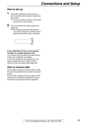 Page 25Connections and Setup
25For fax advantage assistance, call 1-800-435-7329.
How to set up
1Subscribe to Distinctive Ring service at 
your local telephone company to get a new 
fax number.
LYou do not need to apply to a voice mail 
service for the new number.
2Turn on the Distinctive Ring, feature #31 
(page 53).
LThe display shows the following and 
you cannot change the receiving mode 
while the Distinctive Ring is activated.
If you subscribe for two or more phone 
numbers in a single telephone line
You...