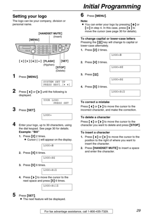 Page 29Initial Programming
29For fax advantage assistance, call 1-800-435-7329.
Setting your logo 
The logo can be your company, division or 
personal name.
1Press {
{{ {
MENU}
}} }.
SYSTEM SET UP
PRESS NAVI.[( )]
2Press {
{{ {<
> >}
}} } until the following is 
displayed.
YOUR LOGO
PRESS SET
3Press {
{{ {
SET}
}} }.
LOGO=
4Enter your logo, up to 30 characters, using 
the dial keypad. See page 30 for details.
Example: “Bill”
1.Press {
{{ {
2}
}} } 2 times.
LCursor (|) will appear on the display.
LOGO=|
|
B...