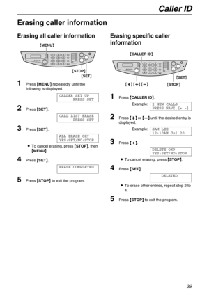 Page 39Caller ID
39
Erasing caller information
Erasing all caller information
1Press {
{{ {MENU}
}} } repeatedly until the 
following is displayed.
CALLER SET UP
PRESS SET
2Press {
{{ {SET}
}} }.
CALL LIST ERASE
PRESS SET
3Press {
{{ {SET}
}} }.
ALL ERASE OK?
YES:SET/NO:STOP
LTo cancel erasing, press {
{{ {STOP}
}} }, then 
{
{{ {MENU}
}} }.
4Press {
{{ {SET}
}} }.
ERASE COMPLETED
5Press {
{{ {STOP}
}} } to exit the program.
Erasing specific caller 
information
1Press {
{{ {CALLER ID}
}} }.
Example:2 NEW CALLS...