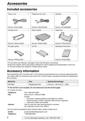 Page 6Accessories
6For fax advantage assistance, call 1-800-435-7329.
Initial Preparation
Included accessories 
LIf any items are missing or damaged, check with the place of purchase.
LSave the original carton and packing materials for future shipping and transportation of the unit.
LThe part numbers are subject to change without notice.
Accessory information
The included film roll is 10 meters (321/2) long. We recommend that you buy a full-size replacement film  
120 meters (393) for continuous use of your...