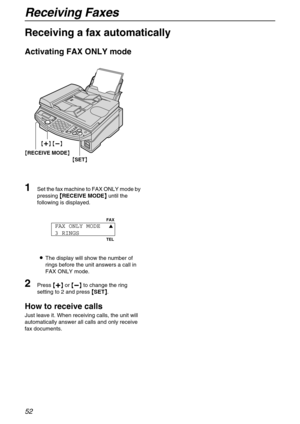 Page 52Receiving Faxes
52
Receiving a fax automatically
Activating FAX ONLY mode
1Set the fax machine to FAX ONLY mode by 
pressing {
{{ {RECEIVE MODE}
}} } until the 
following is displayed.
LThe display will show the number of 
rings before the unit answers a call in 
FAX ONLY mode.
2Press {
{{ {+
++ +}
}} } or {
{{ {-
-- -}
}} } to change the ring 
setting to 2 and press {
{{ {SET}
}} }.
How to receive calls
Just leave it. When receiving calls, the unit will 
automatically answer all calls and only receive...