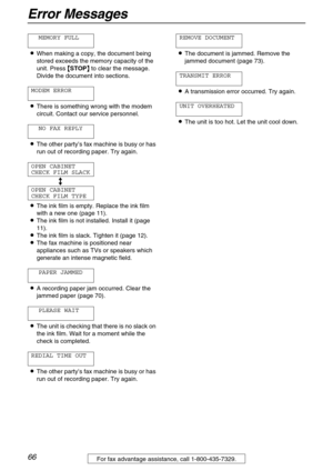 Page 66Error Messages
66For fax advantage assistance, call 1-800-435-7329.
MEMORY FULL
LWhen making a copy, the document being 
stored exceeds the memory capacity of the 
unit. Press {
{{ {STOP}
}} } to clear the message. 
Divide the document into sections.
MODEM ERROR
LThere is something wrong with the modem 
circuit. Contact our service personnel.
NO FAX REPLY
LThe other party’s fax machine is busy or has 
run out of recording paper. Try again.
OPEN CABINET
CHECK FILM SLACK
b
OPEN CABINET
CHECK FILM TYPE
LThe...