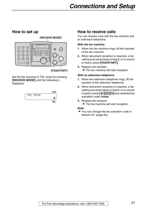 Page 21Connections and Setup
21For Fax Advantage assistance, call 1-800-435-7329.
How to set up
Set the fax machine to TEL mode by pressing 

 RECEIVE MODE
  until the following is 
displayed.
How to receive calls
You can receive a fax with the fax machine and 
an extension telephone.
With the fax machine
1.When the fax machine rings, lift the handset 
of the fax machine.
2.When document reception is required, a fax 
calling tone (slow beep) is heard, or no sound 
is heard, press 

 FAX/START
...