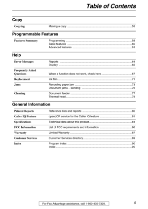 Page 5Table of Contents
5For Fax Advantage assistance, call 1-800-435-7329.
Copy
Copying Making a copy  ..................................................................................... 55
Programmable Features
Features Summary Programming ....................................................................................... 58
Basic features  ..................................................................................... 60
Advanced features...