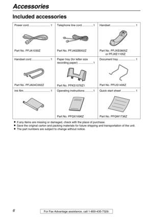 Page 6Accessories
6For Fax Advantage assistance, call 1-800-435-7329.
Initial Preparation
Included accessories 
If any items are missing or damaged, check with the place of purchase.
Save the original carton and packing materials for future shipping and transportation of the unit.
The part numbers are subject to change without notice. Power cord ........................... 1
Part No. PFJA1030ZTelephone line cord ..............1
Part No. PFJA02B002ZHandset ................................ 1
Part No....