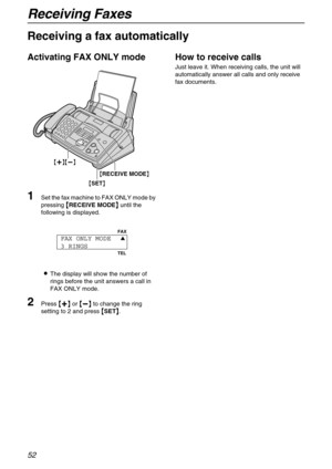 Page 52Receiving Faxes
52
Receiving a fax automatically 
Activating FAX ONLY mode
1Set the fax machine to FAX ONLY mode by 
pressing 

 RECEIVE MODE
  until the 
following is displayed.
The display will show the number of 
rings before the unit answers a call in 
FAX ONLY mode.
2Press 
 
 
  or 
 
 
  to change the ring 
setting to 2 and press 

 SET
 .
How to receive calls
Just leave it. When receiving calls, the unit will 
automatically answer all calls and only...