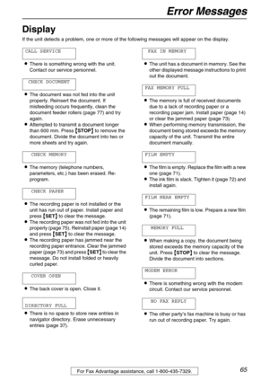 Page 65Error Messages
65For Fax Advantage assistance, call 1-800-435-7329.
Display 
If the unit detects a problem, one or more of the following messages will appear on the display.
CALL SERVICE
There is something wrong with the unit. 
Contact our service personnel.
CHECK DOCUMENT
The document was not fed into the unit 
properly. Reinsert the document. If 
misfeeding occurs frequently, clean the 
document feeder rollers (page 77) and try 
again.
Attempted to transmit a document longer 
than 600 mm. Press 
...