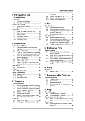Page 7Table of Contents
5
1.   Ta ble  of  Contents1. Introduction and 
Installation
Accessories
1.1 Included accessories ..........................7
1.2 Accessory information ........................8
Finding the Controls
1.3 Description of buttons.........................8
1.4 Overview ............................................9
Installation
1.5 Toner cartridge and drum unit  .........10
1.6 Paper tray .........................................12
1.7 Paper stacker....................................12
1.8...