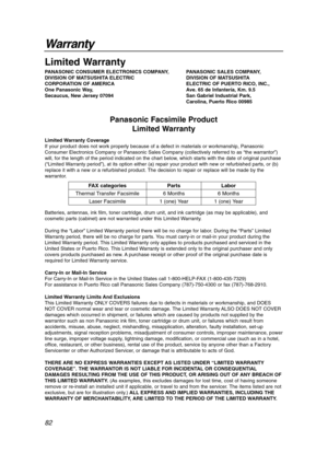Page 8282
Warranty
Limited Warranty
PANASONIC CONSUMER ELECTRONICS COMPANY,
DIVISION OF MATSUSHITA ELECTRIC
CORPORATION OF AMERICA
One Panasonic Way, 
Secaucus, New Jersey 07094PANASONIC SALES COMPANY,
DIVISION OF MATSUSHITA
ELECTRIC OF PUERTO RICO, INC.,
Ave. 65 de Infantería, Km. 9.5
San Gabriel Industrial Park,
Carolina, Puerto Rico 00985
Panasonic Facsimile Product
Limited Warranty
Limited Warranty Coverage
If your product does not work properly because of a defect in materials or workmanship, Panasonic...