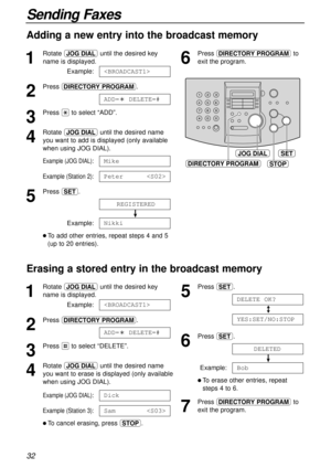 Page 3232
Sending Faxes
Adding a new entry into the broadcast memory
1
Rotate nuntil the desired key
name is displayed.
Example:
2
Press DE.
3
Press *to select “ADD”.
4
Rotate nuntil the desired name
you want to add is displayed (only available
when using JOG DIAL).
Example (JOG DIAL):
Example (Station 2):
5
Press w.
!
Example:
l To add other entries, repeat steps 4 and 5
(up to 20 entries).Nikki
REGISTERED
Peter
Mike
ADD=?DELETE=#

6
Press DEto
exit the program.
JOG DIALSET
DIRECTORY PROGRAMSTOP
Erasing a...