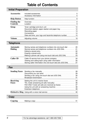 Page 66For fax advantage assistance, call 1-800-435-7329.
Table of Contents
Initial Preparation
AccessoriesIncluded accessories. . . . . . . . . . . . . . . . . . . . . . . . . . . . . . . . . . . . . 5
Accessory information. . . . . . . . . . . . . . . . . . . . . . . . . . . . . . . . . . . . 5
Help ButtonHelp function. . . . . . . . . . . . . . . . . . . . . . . . . . . . . . . . . . . . . . . . . . . 8
Finding the Overview. . . . . . . . . . . . . . . . . . . . . . . . . . . . . . . . . . . . . . . . . . ....