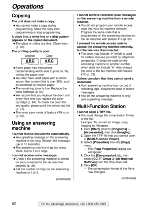 Page 6262
Operations
For fax advantage assistance, call 1-800-435-7329.
Copying
The unit does not make a copy.
l You cannot make a copy during
programming. Make the copy after
programming or stop programming.
Ablack line, a white line or a dirty pattern
appears on the copied document.
l The glass or rollers are dirty. Clean them
(p. 69).
The printing quality is poor.
l Some paper has instructions
recommending which side to print on. Try
turning the paper over. 
l You may have used paper with a cotton
and/or...