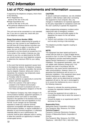 Page 7272
FCC Information
List of FCC requirements and information!
If required by the telephone company, inform them
of the following.
l FCC Registration No.:
(found on the rear of the unit)
l Ringer Equivalence No.: 
(found on the rear of the unit)
l The particular telephone line to which the
equipment is connected.
This unit must not be connected to a coin operated
line. If you are on a party line, check with your
local telephone company.
Ringer Equivalence Number (REN):
This REN is useful in determining the...