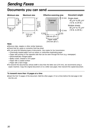 Page 3030
Sending Faxes
Documents you can send!
600 mm 
(23
5⁄8)
Minimum size 
128 mm
(5
)
128 mm
(5
)
Maximum size
216 mm
(8
1⁄2) 
Paper width
208 mm (83⁄16) 
Effective scanning area
 4 mm 4 mm 2 mm  2 mm
Scanned
area
216 mm (81⁄2)
Document weight
Single sheet:
45 g/m
2to 90 g/m2
(12 lb. to 24 lb.)
Multiple sheets:
60 g/m
2to 75 g/m2
(16 lb. to 20 lb.)
Note:
lRemove clips, staples or other similar fasteners.
lCheck that ink, paste or correction fluid has dried.
lDo not send the following types of documents....