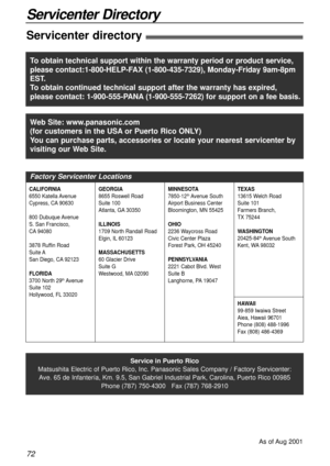 Page 7272
Servicenter Directory
Servicenter directory!
Service in Puerto Rico
Matsushita Electric of Puerto Rico, Inc. Panasonic Sales Company / Factory Servicenter:
Ave. 65 de Infantería, Km. 9.5, San Gabriel Industrial Park, Carolina, Puerto Rico 00985
Phone (787) 750-4300   Fax (787) 768-2910
As of Aug 2001
Web Site: www.panasonic.com
(for customers in the USAor Puerto Rico ONLY)
You can purchase parts, accessories or locate your nearest servicenter by
visiting our Web Site.
Factory Servicenter Locations...