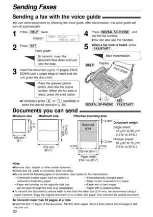 Page 3030
Sending Faxes
Documents you can send!
600 mm 
(23
5⁄8)
Minimum size 
128 mm
(5
)
128 mm
(5
)
Maximum size
216 mm
(8
1⁄2) 
Paper width
208 mm (83⁄16) 
Effective scanning area
 4 mm 4 mm 2 mm  2 mm
Scanned
area
216 mm (81⁄2)
Document weight
Single sheet:
45 g/m
2to 90 g/m2
(12 lb. to 24 lb.)
Multiple sheets:
60 g/m
2to 75 g/m2
(16 lb. to 20 lb.)
Note:
lRemove clips, staples or other similar fasteners.
lCheck that ink, paste or correction fluid has dried.
lDo not send the following types of documents....