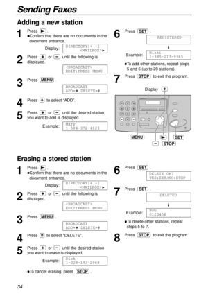 Page 3434
Sending Faxes
Erasing a stored station 
1
Press.
lConfirm that there are no documents in the
document entrance.
Display:
2
Press or until the following is
displayed.
3
Press .
4
Press to select “DELETE”.
5
Press or until the desired station
you want to erase is displayed.
Example:
lTo cancel erasing, press .STOP
Dick
1-328-143-2968
BROADCAST 
ADD=  DELETE=#
MENU

EDIT:PRESS MENU
DIRECTORY[+ -]

H
Adding a new station 
1
Press.
lConfirm that there are no documents in the
document entrance.
Display:
2...