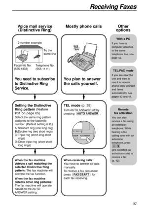 Page 3737
Receiving Faxes
With a PC
If you have a
computer attached
to the same
telephone line, see
page 42.
Other
options
You need to subscribe
to Distinctive Ring
Service.
Setting the Distinctive
Ring pattern(feature
#31 on page 65)
Select the same ring pattern
assigned to the facsimile
number. (Default setting is B.)
A:
Standard ring (one long ring)
B:Double ring (two short rings)
C:Triple ring (short-long-short
rings)
D:Other triple ring (short-short-
long rings)
To the 
same line 2-number example
Telephone...