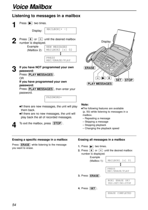 Page 54Voice Mailbox
54
1
Press two times.
Display:
2
Press or until the desired mailbox
number is displayed.
Example
(Mailbox 2):
3
If you have NOT programmed your own
password:
Press 
.
OR
If you have programmed your own
password:
Press 
, then enter your
password.
lIf there are new messages, the unit will play
them back.
lIf there are no new messages, the unit will
play back the all of recorded messages.
4
To exit the mailbox, press .STOP
PASSWORD=
PLAY MESSAGES
PLAY MESSAGES
PRESS
REC/ERASE/PLAY
NEW...