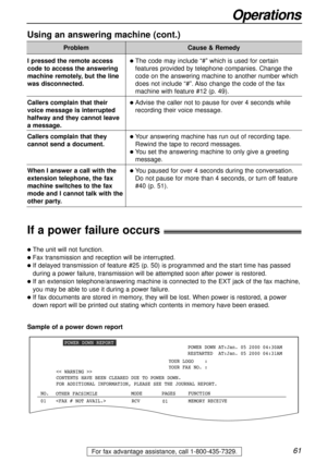 Page 6161
Operations
For fax advantage assistance, call 1-800-435-7329.
If a power failure occurs!
lThe unit will not function.
lFax transmission and reception will be interrupted.
lIf delayed transmission of feature #25 (p. 50) is programmed and the start time has passed
during a power failure, transmission will be attempted soon after power is restored.
lIf an extension telephone/answering machine is connected to the EXTjack of the fax machine,
you may be able to use it during a power failure.
lIf fax...