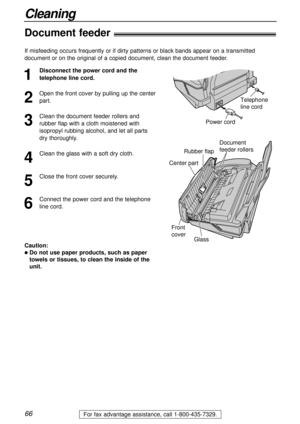 Page 6666
Cleaning
For fax advantage assistance, call 1-800-435-7329.
Document feeder!
1
Disconnect the power cord and the
telephone line cord.
2
Open the front cover by pulling up the center
part.
3
Clean the document feeder rollers and
rubber flap with a cloth moistened with
isopropyl rubbing alcohol, and let all parts
dry thoroughly.
4
Clean the glass with a soft dry cloth.
5
Close the front cover securely.
6
Connect the power cord and the telephone
line cord.
Power cordTelephone 
line cord
Document 
feeder...