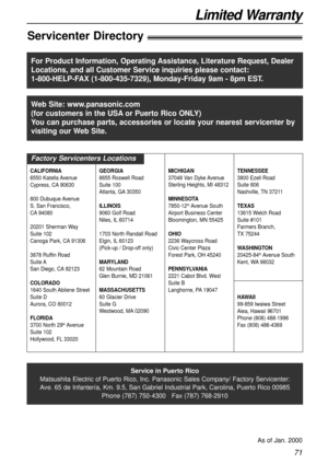 Page 7171
Limited Warranty
Servicenter Directory!
Service in Puerto Rico
Matsushita Electric of Puerto Rico, Inc. Panasonic Sales Company/ Factory Servicenter:
Ave. 65 de Infantería, Km. 9.5, San Gabriel Industrial Park, Carolina, Puerto Rico 00985
Phone (787) 750-4300   Fax (787) 768-2910
As of Jan. 2000
For Product Information, Operating Assistance, Literature Request, Dealer
Locations, and all Customer Service inquiries please contact:
1-800-HELP-FAX (1-800-435-7329), Monday-Friday 9am - 8pm EST.
Web Site:...