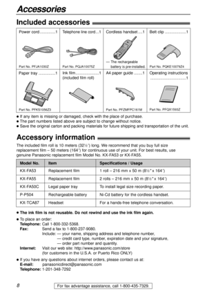 Page 88
Accessories
For fax advantage assistance, call 1-800-435-7329.
Operating instructions
................................1
Part No. PFQX1593Z
A4 paper guide........1
Part No. PFZMFPC161M
Included accessories!
Power cord..............1Telephone line cord...1Cordless handset....1Belt clip...................1
Part No. PFJA1030ZPart No. PQJA10075Z
— The rechargeable
battery is pre-installed.
Part No. PQKE10079Z4
Ink film.....................1
(included film roll) Paper tray...............1
Part No....