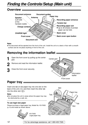 Page 1212
Finding the Controls/Setup (Main unit)
For fax advantage assistance, call 1-800-435-7329.
Paper tray!
Insert one tab on the paper tray into one slot on the
back of the unit () and then insert the other tab
into the other slot ().
2
1
Paper tray
Slot
Tab
1
1
Slot
2 Tab
Note:
lDo not place the unit in areas where the paper tray may
be obstructed by a wall, etc.
KX-FA50
Legal paper tray
To use legal size paper
Please purchase a legal paper tray, Model No. KX-FA50
(p. 9) and install as shown above....