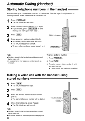 Page 2828
Automatic Dialing (Handset)
Storing telephone numbers in the handset
Making a voice call with the handset using
stored numbers
1
Press .
lThe TALK indicator will flash.
2
Enter the telephone number up to 22 digits.
lIf you misdial, press to end
storing, and start again from step 1.
3
Press .
4
Press a memory station number (0 to 9).
lAone beep confirmation tone will sound.
lThe TALK indicator will turn off.
lTo store other numbers, repeat steps 1 to 4.
AUTO
PROGRAM
PROGRAM
TALK indicatorAUTO
PROGRAM...