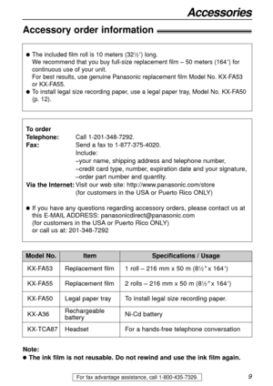 Page 99
Accessories
For fax advantage assistance, call 1-800-435-7329.
Accessory order information!
Model No.
KX-FA53 Replacement film
1 roll – 216 mm x 50 m (8
1⁄2x 164)
ItemSpecifications / Usage
lThe included film roll is 10 meters (321⁄2) long. 
We recommend that you buy full-size replacement film – 50 meters (164
) for
continuous use of your unit.
For best results, use genuine Panasonic replacement film Model No. KX-FA53 
or KX-FA55.
lTo install legal size recording paper, use a legal paper tray, Model...