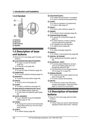 Page 121. Introduction and Installation
10
For Fax Advantage assistance, call 1-800-435-7329.
1.3.2 Handset
1.4 Description of base 
unit buttons
LKeep the front cover page open for button 
locations.
A{LOCATOR/INTERCOM}{TRANSFER}
LTo page or locate the handset
(page 45).
LTo transfer a call (page 46).
B{CALLER ID}
LTo use the Caller ID features (page 42).
C{GREETING}
LTo record a greeting message (page 61).
D{PRIVACY}
LTo use call privacy feature (page 48).
E{HOLD}
LTo put a call on hold (page 35).
F{CONF}
LTo...