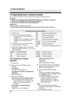 Page 687. Answering Machine
66
Remote Operation
7.6 Operating from a remote location
You can call your unit from a remote location and access the answering machine.
Important:
LProgram the remote operation ID beforehand (feature #11 on page 69, or page 76).
LSet the unit to TAM/FAX mode before going out (page 54).
LUse a touch tone telephone for remote operations.
Helpful hints:
LWhen you press a button, press firmly.
LPlease make a copy of the following table, and carry it with you when you go out.
7.6.1...