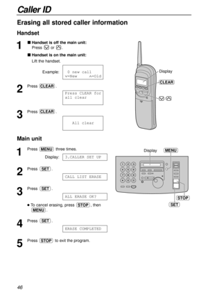 Page 4646
Caller ID
1
Handset is off the main unit:
Press or .
Handset is on the main unit:
Lift the handset.
Example:
2
Press .
3
Press .
111All1clearCLEAR
Press1CLEAR1for
all1clear
CLEAR
101new1call
∨=New11111∧=Old  
Erasing all stored caller information
Handset
Main unit
1
Press three times.
Display:
2
Press .
3
Press .
To cancel erasing, press  , then
.
4
Press .
5
Press  to exit the program.STOP
ERASE1
COMPLETED
SET
MENU
STOP
ALL1
ERASE1
OK?
SET
CALL1
LIST1
ERASE
SET
3.CALLER1
SET1
UP
MENU
STOP...