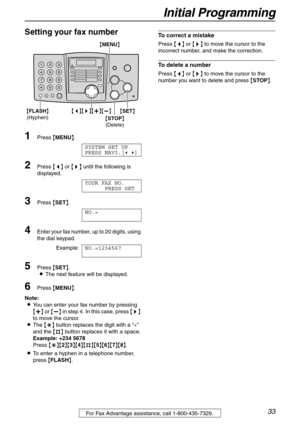 Page 33Initial Programming
33For Fax Advantage assistance, call 1-800-435-7329.
Setting your fax number 
1Press {MENU}.
SYSTEM SET UP
PRESS NAVI.[( )]
2Press {} until the following is 
displayed.
YOUR FAX NO.
PRESS SET
3Press {SET}.
NO.=
4Enter your fax number, up to 20 digits, using 
the dial keypad.
Example:NO.=1234567
5Press {SET}.
LThe next feature will be displayed.
6Press {MENU}.
Note:
LYou can enter your fax number by pressing 
{+} or {-} in step 4. In this case, press {>} 
to move the cursor.
LThe {*}...