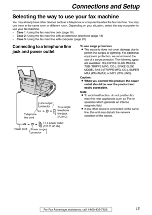 Page 15Connections and Setup
15For Fax Advantage assistance, call 1-800-435-7329.
Connections and Setup
Selecting the way to use your fax machine
You may already have other devices such as a telephone or computer besides the fax machine. You may 
use them in the same room or different room. Depending on your situation, select the way you prefer to 
use your fax machine.
–Case 1: Using the fax machine only (page 16)
–Case 2: Using the fax machine with an extension telephone (page 18)
–Case 3: Using the fax...