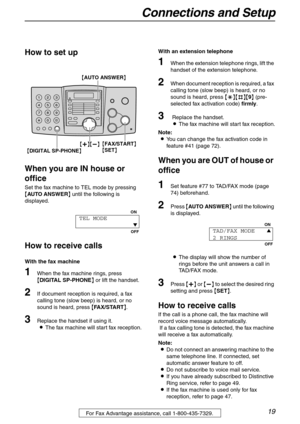 Page 19Connections and Setup
19For Fax Advantage assistance, call 1-800-435-7329.
How to set up
When you are IN house or 
office
Set the fax machine to TEL mode by pressing 
{AUTO ANSWER} until the following is 
displayed.
How to receive calls
With the fax machine
1When the fax machine rings, press 
{DIGITAL SP-PHONE} or lift the handset.
2If document reception is required, a fax 
calling tone (slow beep) is heard, or no 
sound is heard, press {FA X / S TA R T}.
3Replace the handset if using it.
LThe fax...