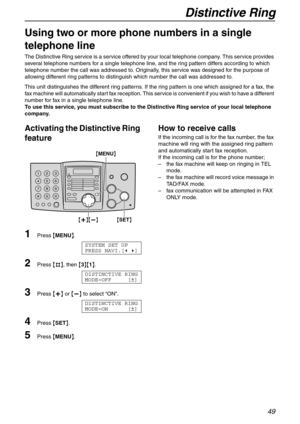 Page 49Distinctive Ring
49
Distinctive Ring
Using two or more phone numbers in a single 
telephone line 
The Distinctive Ring service is a service offered by your local telephone company. This service provides 
several telephone numbers for a single telephone line, and the ring pattern differs according to which 
telephone number the call was addressed to. Originally, this service was designed for the purpose of 
allowing different ring patterns to distinguish which number the call was addressed to.
This unit...