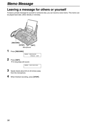 Page 56Memo Message
56
Memo Message 
Leaving a message for others or yourself
To leave a private message for yourself or someone else, you can record a voice memo. This memo can 
be played back later, either directly or remotely.
1Press {RECORD}.
MEMO MESSAGE
PRESS SET
2Press {SET}.
LA long beep will sound.
MEMO RECORDING
3Speak clearly about 20 cm (8 inches) away 
from the microphone.
4When finished recording, press {STOP}.
{SET} {STOP}
Microphone
{RECORD} 