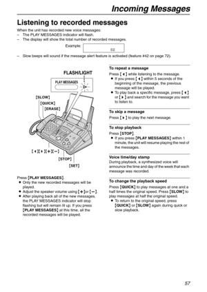 Page 57Incoming Messages
57
Incoming Messages 
Listening to recorded messages
When the unit has recorded new voice messages:
–The PLAY MESSAGES indicator will flash.
–The display will show the total number of recorded messages.
Example:
| 0|
2
–Slow beeps will sound if the message alert feature is activated (feature #42 on page 72).
Press {PLAY MESSAGES}.
LOnly the new recorded messages will be 
played.
LAdjust the speaker volume using {+}or {-}.
LAfter playing back all of the new messages, 
the PLAY MESSAGES...