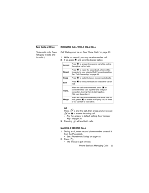 Page 27Phone Basics & Managing Calls  23
Two Calls at OnceINCOMING CALL WHILE ON A CALL
(Voice calls only. Does 
not apply to data and 
fax calls.)Call Waiting must be on. See “Voice Calls” on page 85.
1.While on one call, you may receive another call.
2.If so, press 
 and scroll to desired option:
OR
Press   to end first call, then press any key except 
 or   to answer incoming call.
Any Key answer is default setting. See “Answer 
Key” on page 76.
3.Pressing   will end both calls.
MAKING A SECOND CALL...