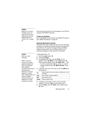 Page 55Messages Menu  51
E-MAIL 
Before you can start 
sending e-mail, you 
must first set up your 
mMode account and 
mMode Mail. See 
“Server List” on page 
55.Send and receive Internet e-mail messages via an ISP that 
supports POP3/SMTP protocols. 
STORE AN ADDRESS
An e-mail address can be stored in the Mobile Phonebook. 
See “Mobile Phonebook” on page 59.
MANAGE MESSAGE STORAGE
Once the Inbox and/or Outbox are full, any new messages 
(received or created) will overwrite existing messages from 
the oldest...