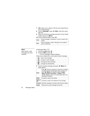 Page 5652   Messages Menu
7. File: allows you to attach a file from your Data Files to 
the e-mail message.
8.Scroll to Message:, press   (Edit), enter text, press 
 twice.
9.When you finish the message and return to the Create 
screen, press   (Menu).
10.Scroll to desired option, press 
.
InboxIn Messages Menu  ...
Inbox stores e-mail 
messages you have 
received.1.Scroll to e-mail
, press .
2.Scroll to Inbox, press  .
A list of messages headers displays.
These icons indicate the current state of each...