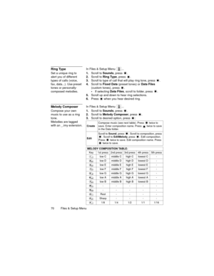 Page 7470   Files & Setup Menu
Ring TypeIn Files & Setup Menu  ...
Set a unique ring to 
alert you of different 
types of calls (voice, 
fax, data...). Use preset 
tones or personally-
composed melodies.1.Scroll to Sounds, press  .
2.Scroll to Ring Type, press  .
3.Scroll to type of call that will play ring tone, press  .
4.Scroll to Fixed Data (preset tones) or Data Files 
(custom tones), press  .
If selecting Data Files, scroll to folder, press  .
5.Scroll up and down to hear ring selections.
6.Press   when...